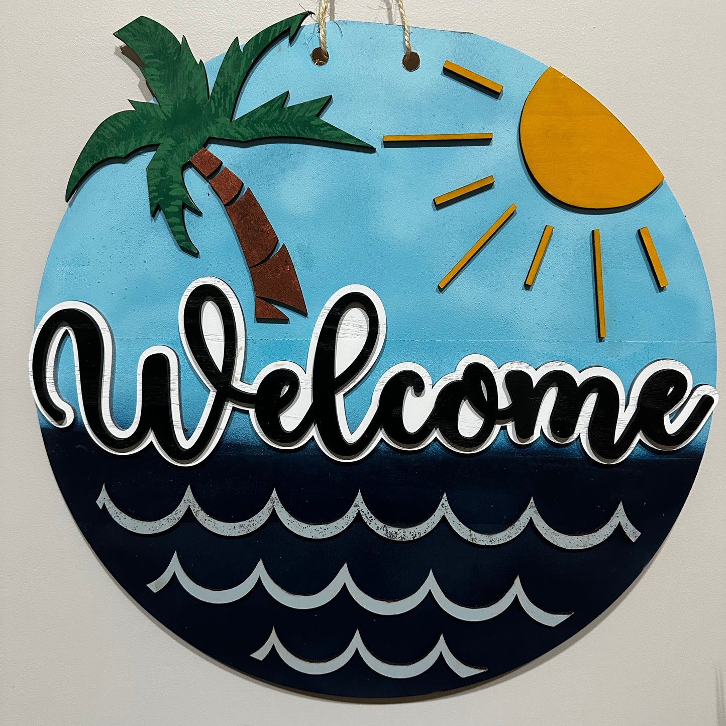 Beach Ocean Themed Welcome sign with Palm trees and sun