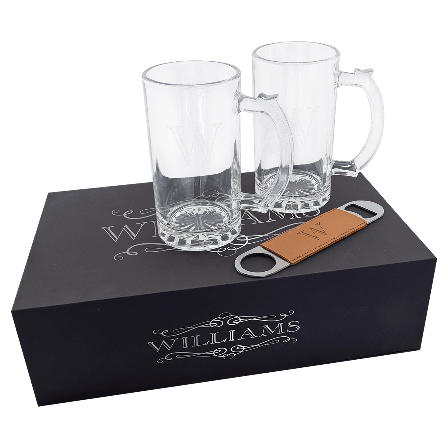 Beer Set with Two 14 oz. Mugs and One Rawhide Laserable Leatherette Bottle Opener