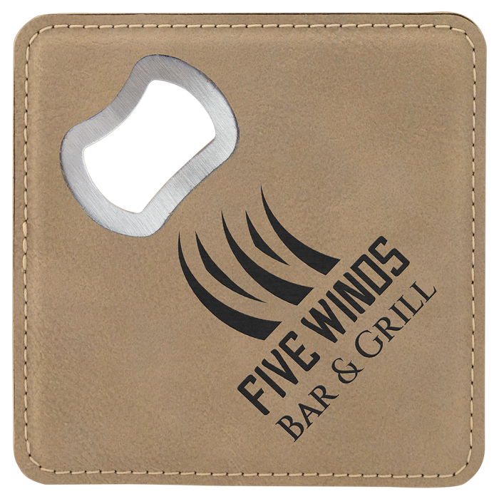 4" x 4" square leatherette coaster with bottle opener