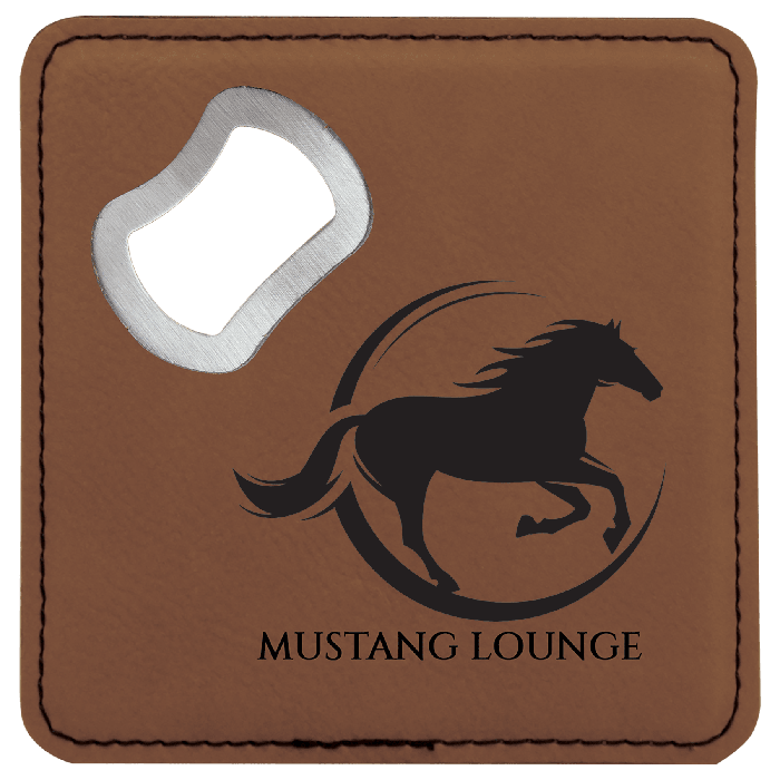 4" x 4" square leatherette coaster with bottle opener