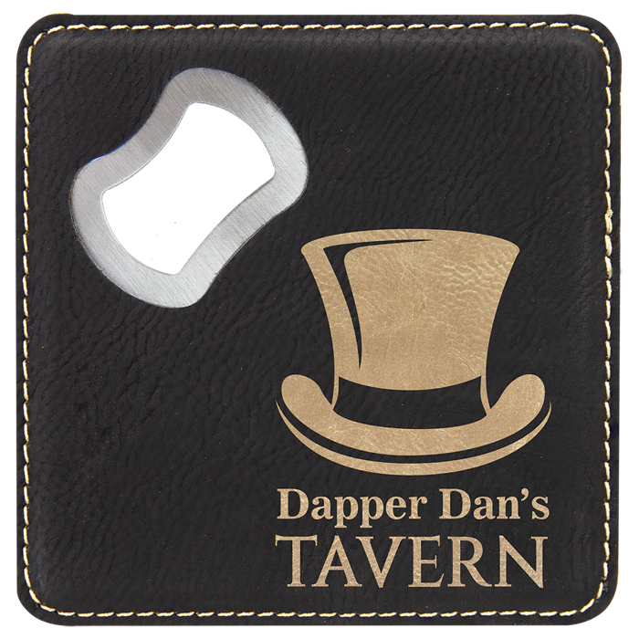 4" x 4" square leatherette coaster with bottle opener