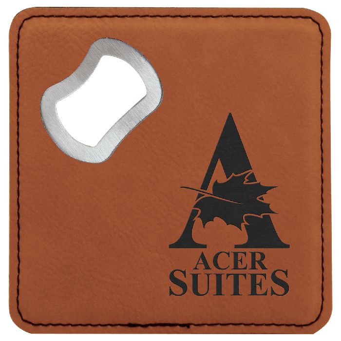 4" x 4" square leatherette coaster with bottle opener