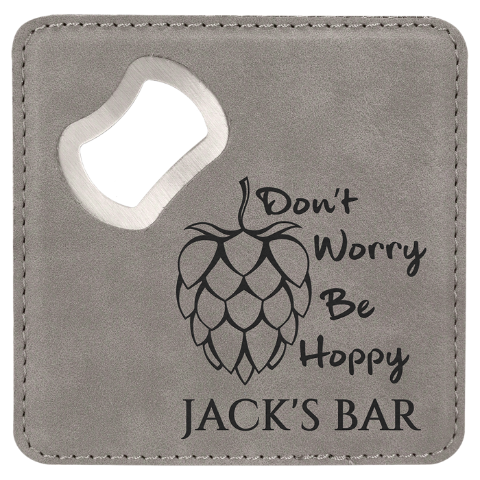4" x 4" square leatherette coaster with bottle opener