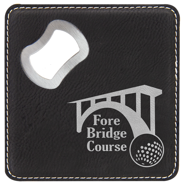 4" x 4" square leatherette coaster with bottle opener
