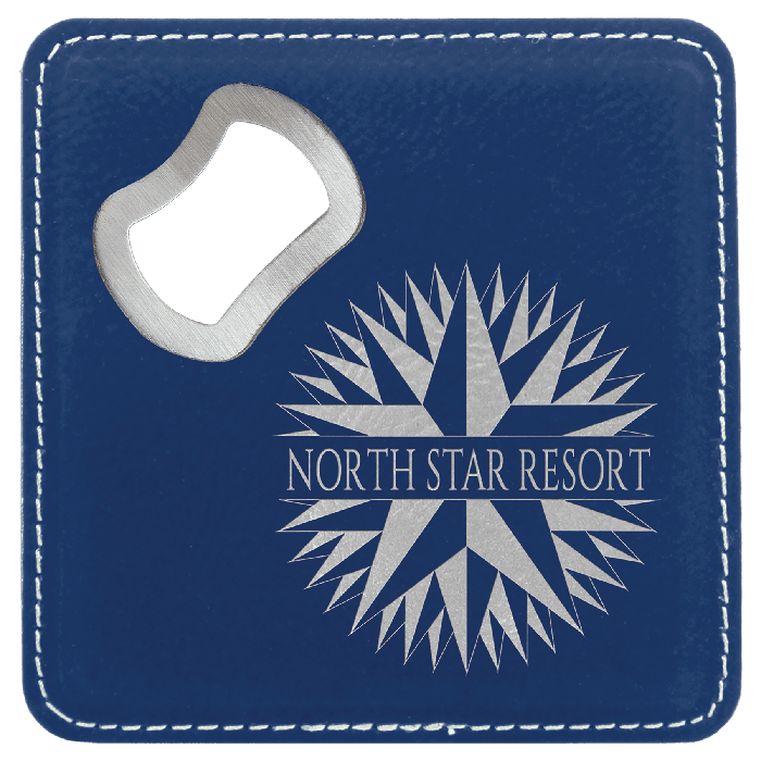 4" x 4" square leatherette coaster with bottle opener