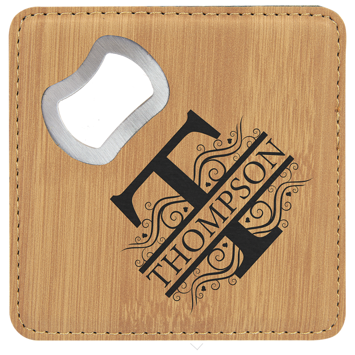 4" x 4" square leatherette coaster with bottle opener