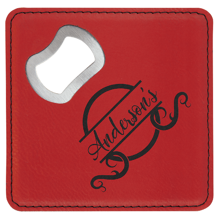 4" x 4" square leatherette coaster with bottle opener