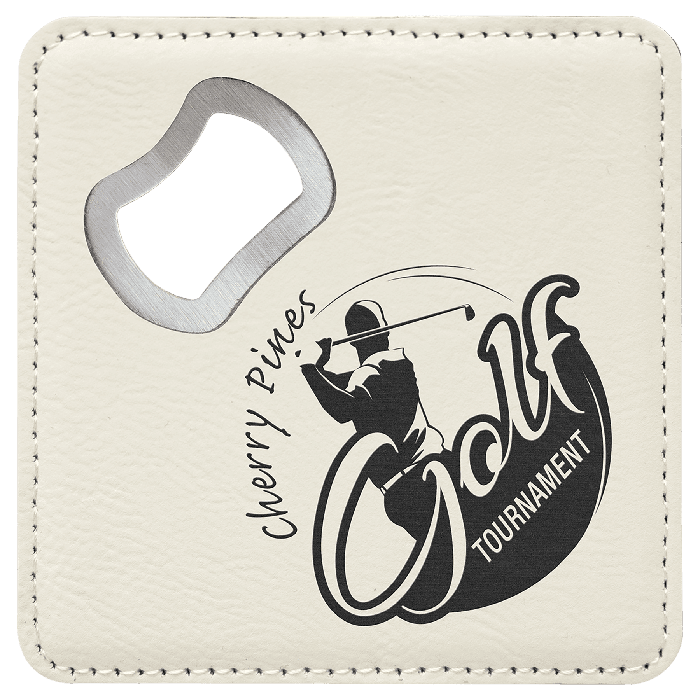 4" x 4" square leatherette coaster with bottle opener