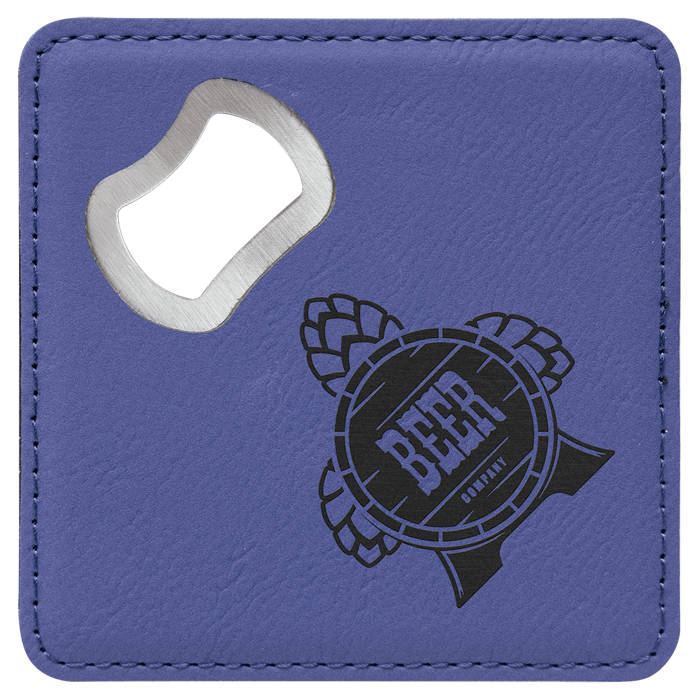 4" x 4" square leatherette coaster with bottle opener