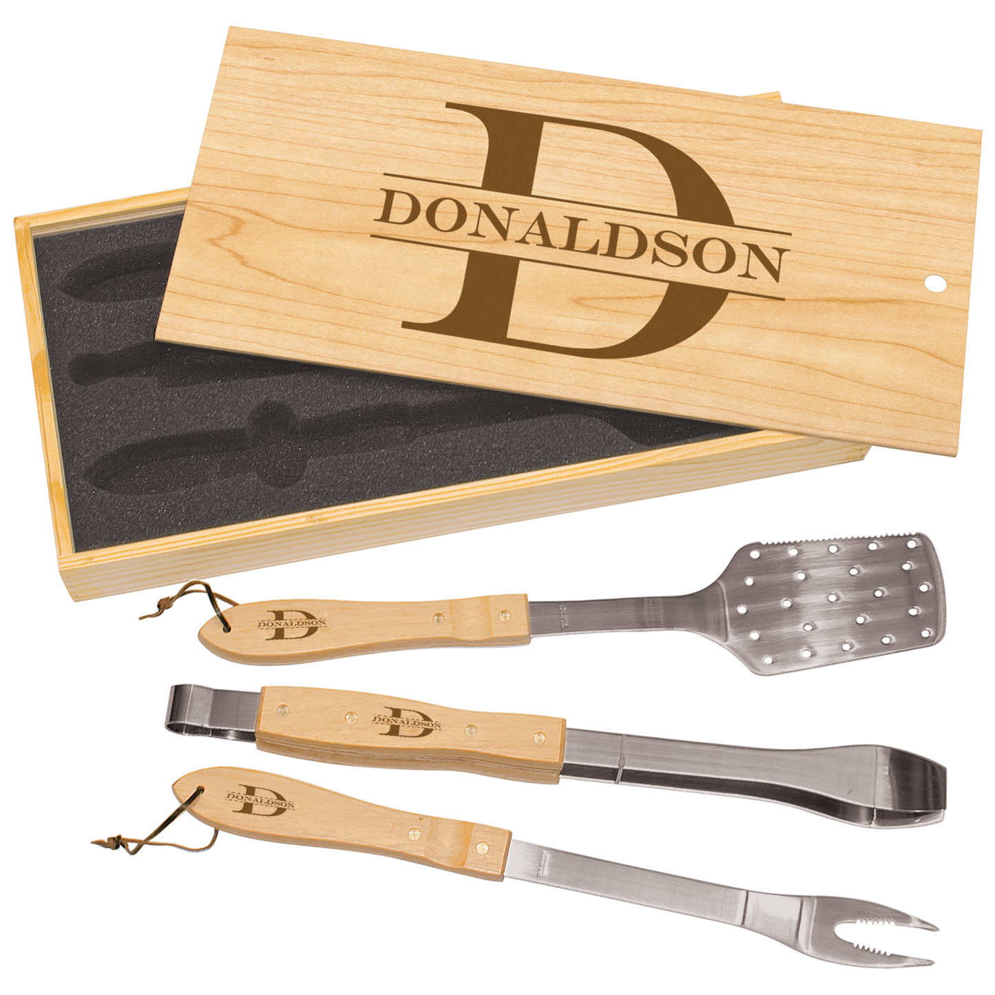 Personalized BBQ Grill Set – Custom Engraved Wooden Box with 3 Stainless Steel Tools