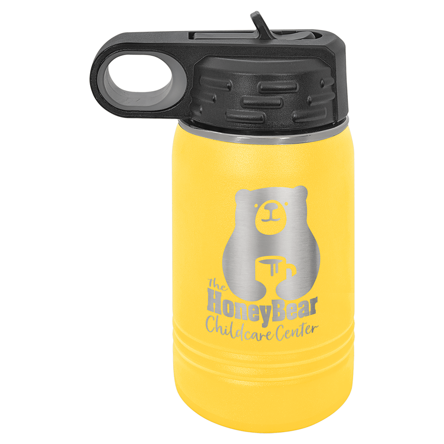 Yellow water bottle with black lid feature customer engraved logo