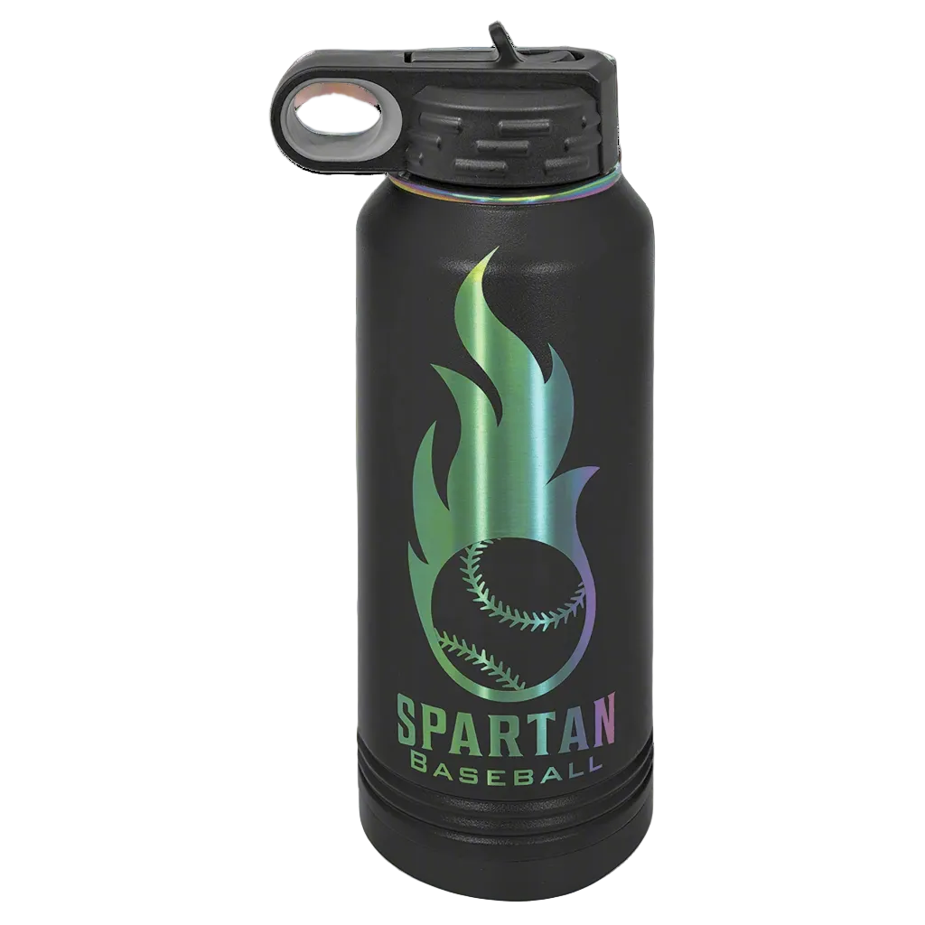 A black stainless steel water bottle with a screw lid, featuring a multicolor flame design and the text 'SPARTAN BASEBALL'.