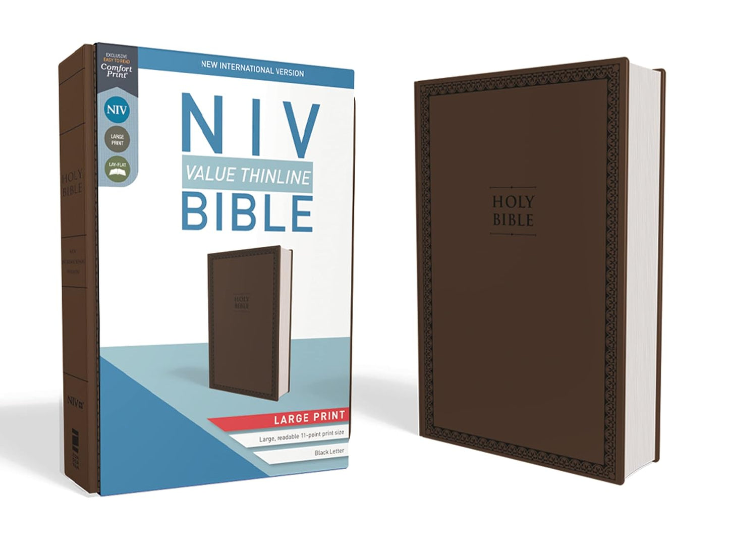 NIV Value Thinline Bible with brown cover on a white background