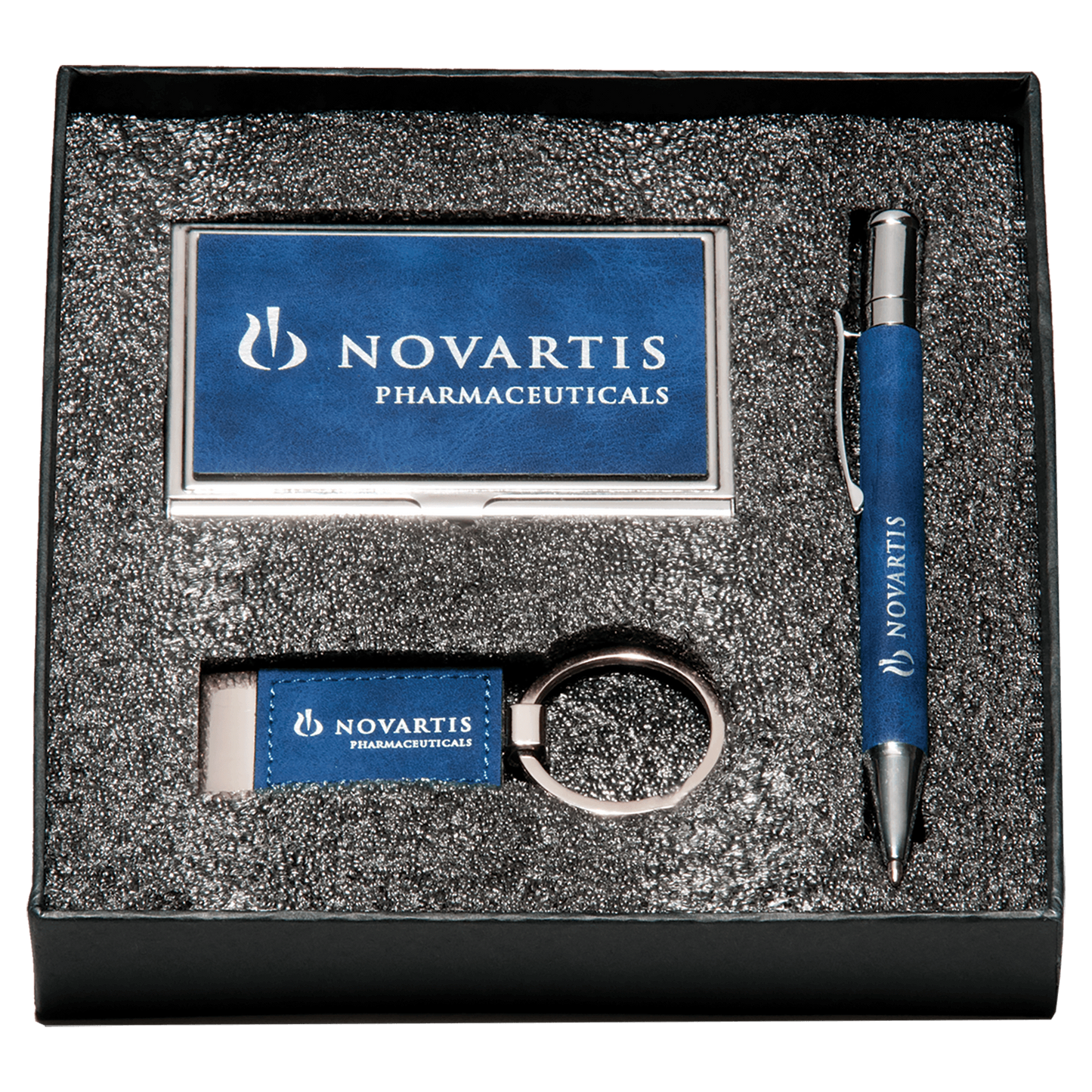 Blue Marbleized Leather Gift Set – Pen, Keychain & Business Card Holder