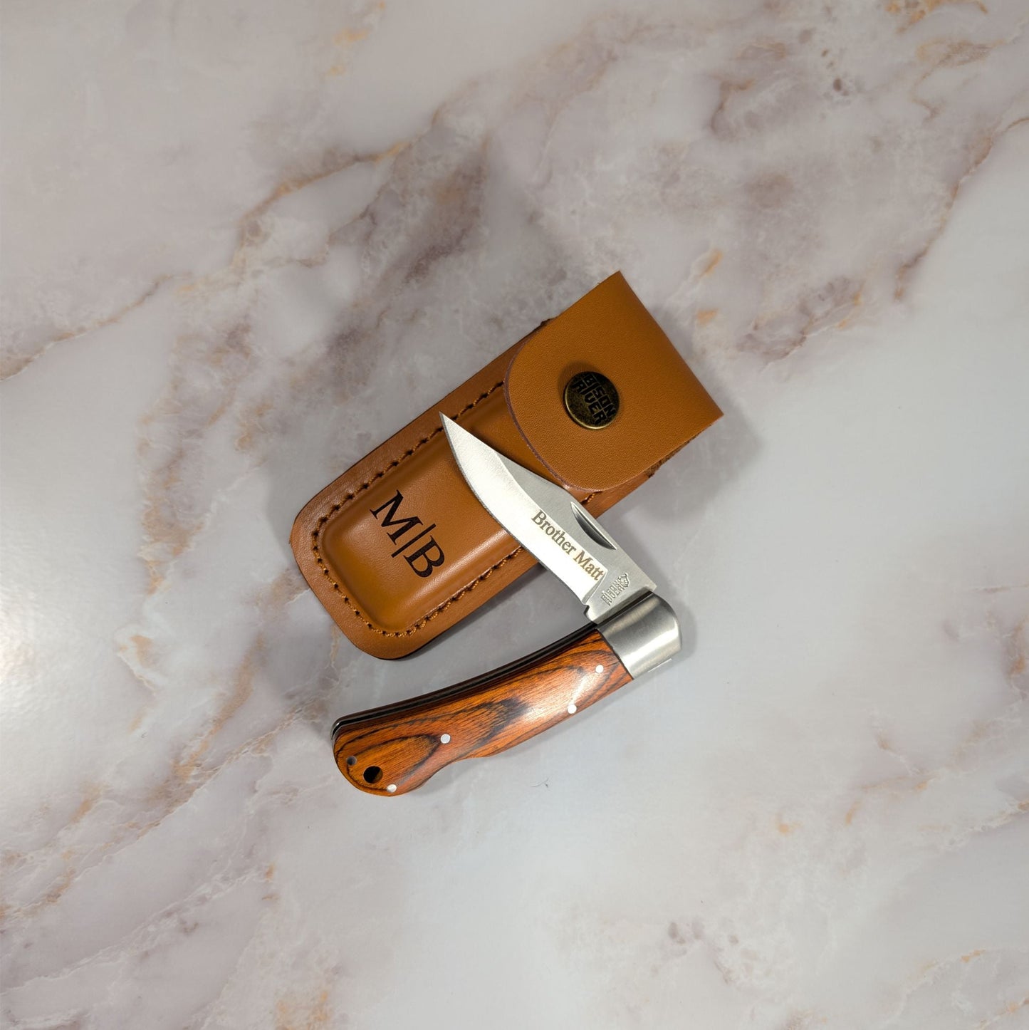 Bison River 4" Wood Folding Knife with Leather Sheath