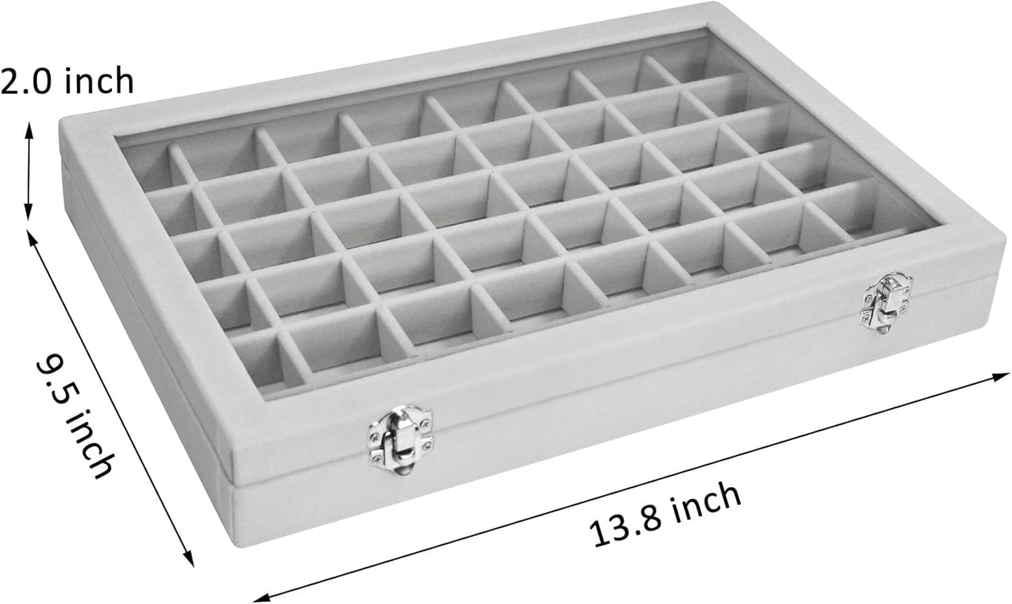 Velvet Jewelry Tray Organizer with Transparent Cover – 48 Compartments