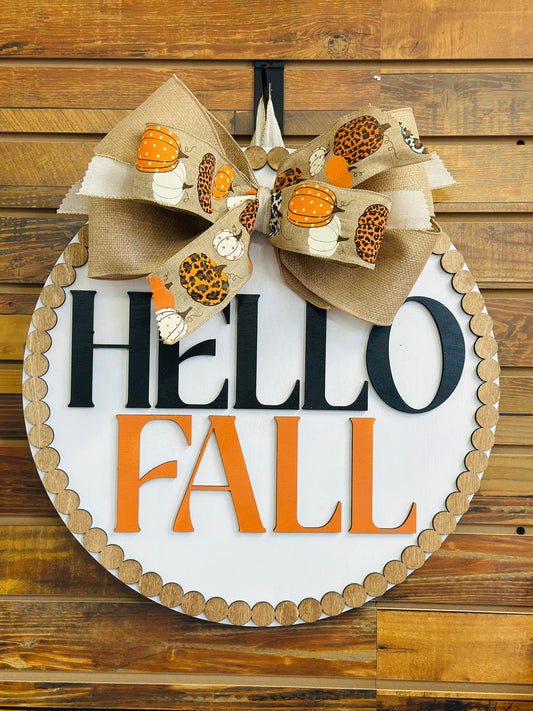Hello Fall Door Sign – Rustic Pumpkin Fall Door Hanger with Bow