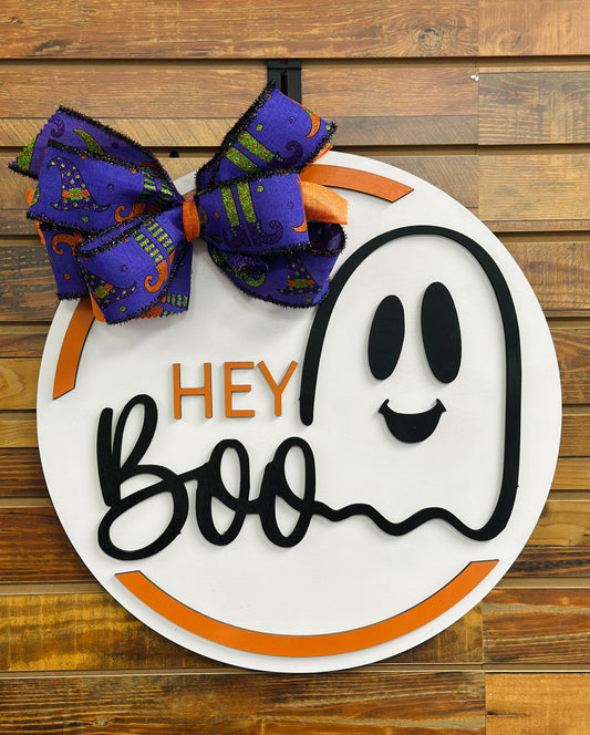 Hey Boo Halloween Door Sign – Cute Ghost Wall Decor with Bow