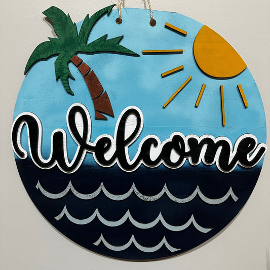 Beach Ocean Themed Welcome sign with Palm trees and sun