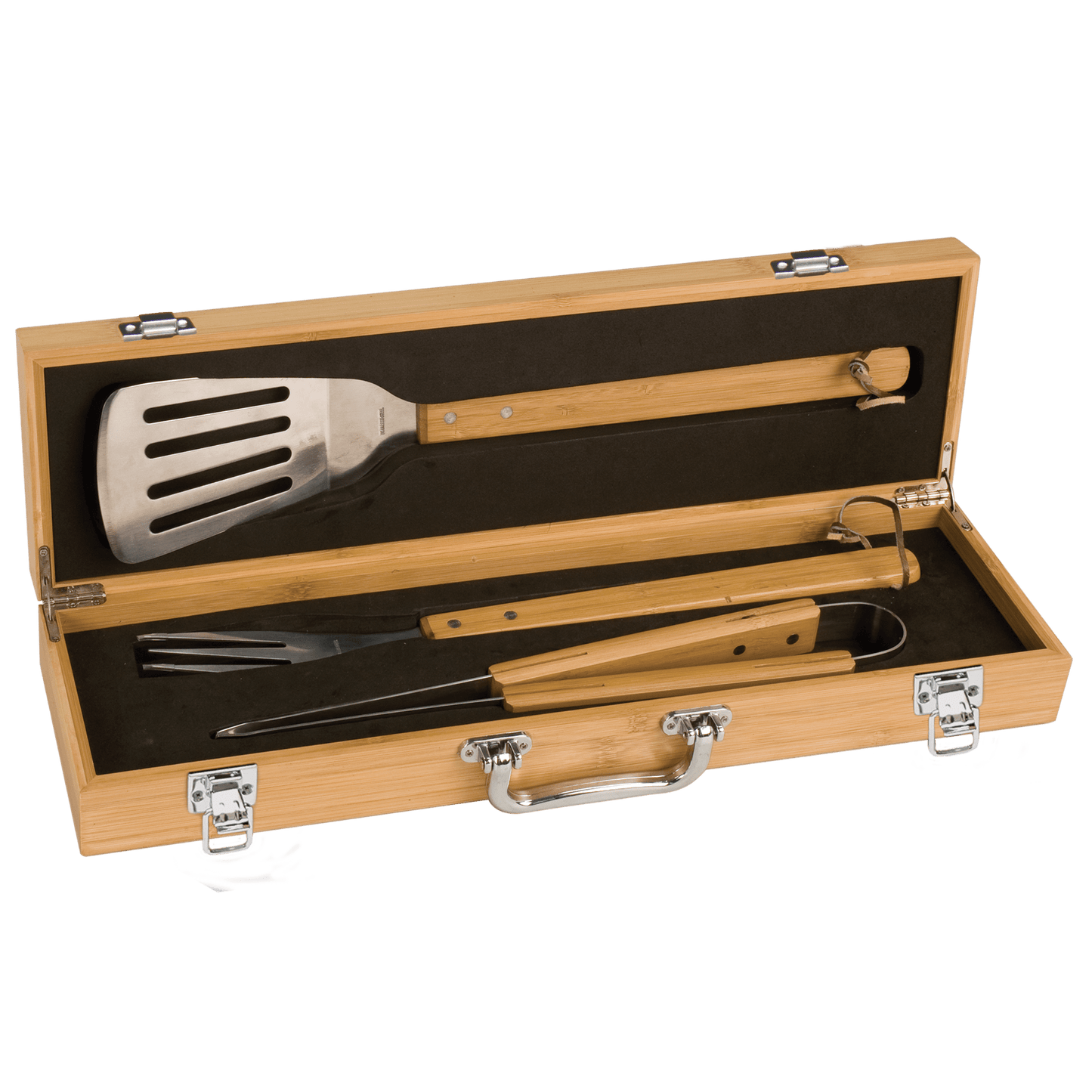 Personalized BBQ Grill Set – Custom Engraved Wooden Box with 3 Stainless Steel Tools