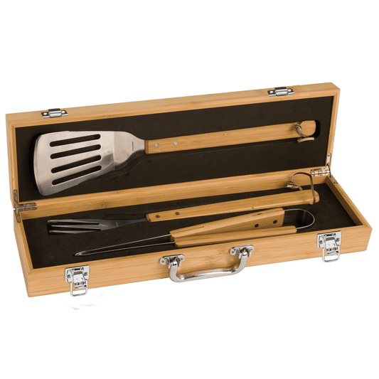 Personalized BBQ Grill Set – Custom Engraved Wooden Box with 3 Stainless Steel Tools