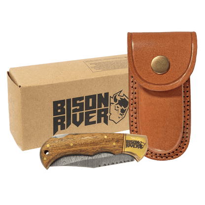 Damascus Steel Folding Knife for Dad - Bison River 3.75” Wood Knife with Leather Sheath