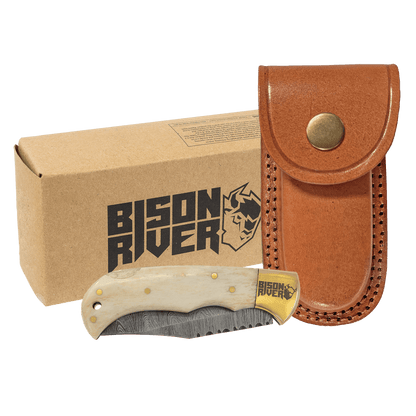 3 3/4" Bison River Damascus Steel Knife - Father's Day Gift with Leather Sheath
