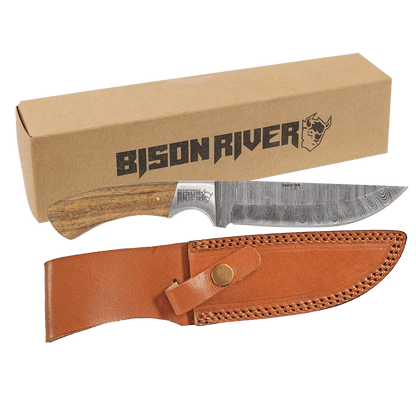 Handcrafted 9.5” Bison River Knife - Damascus Blade & Leather Sheath - Father's Day Gift