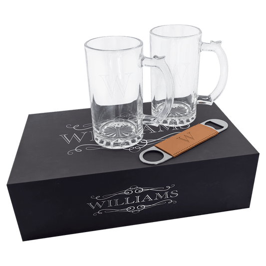 Beer Set with Two 14 oz. Mugs and One Rawhide Laserable Leatherette Bottle Opener