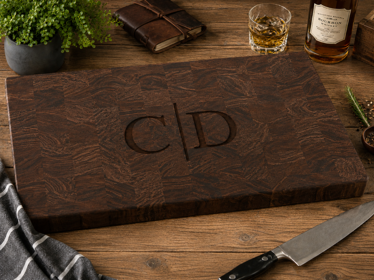 Wooden cutting board with engraved initials on a wooden table with a knife and glass.
