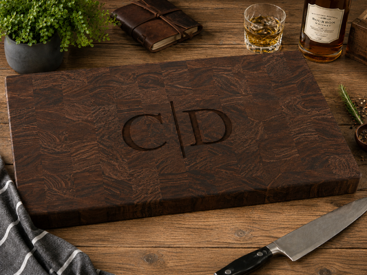 Wooden cutting board with engraved initials on a wooden table with a knife and glass.