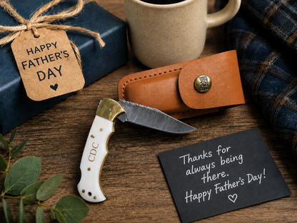 3 3/4" Bison River Damascus Steel Knife - Father's Day Gift with Leather Sheath