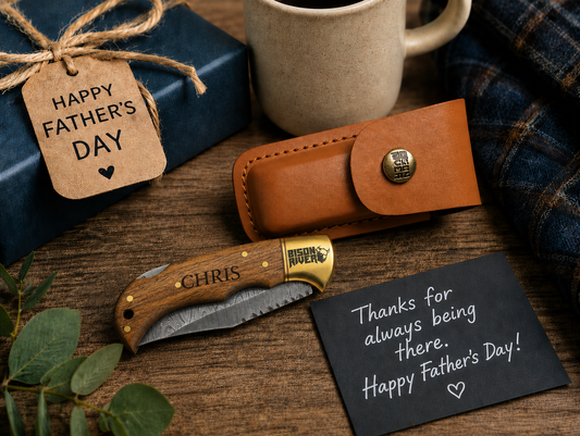 Damascus Steel Folding Knife for Dad - Bison River 3.75” Wood Knife with Leather Sheath