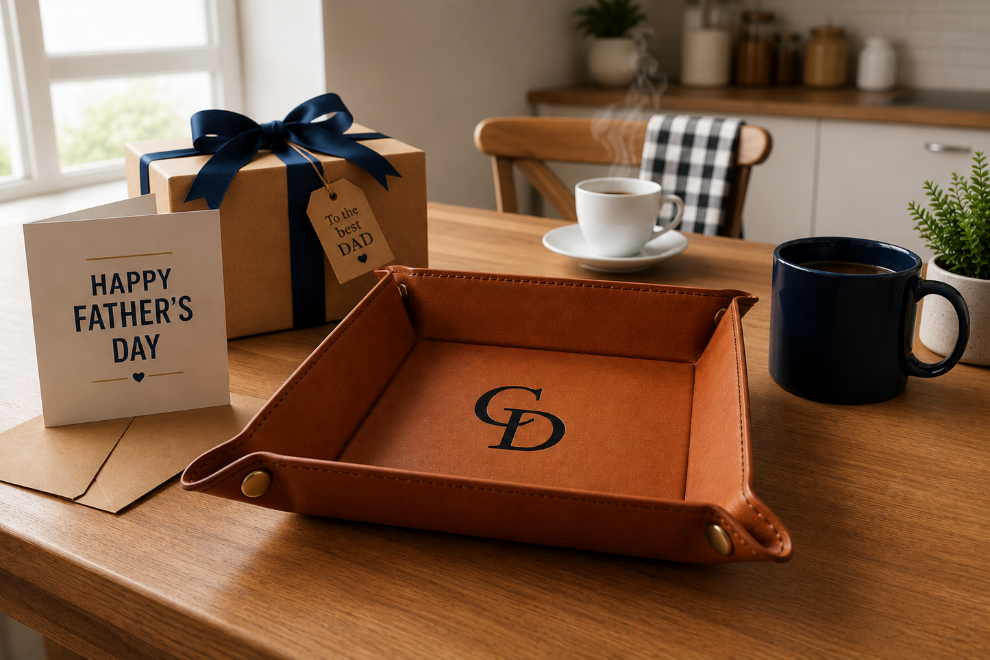 Father's Day Leatherette Snap-Up Valet Tray - 6” x 6” Catch-All Organizer