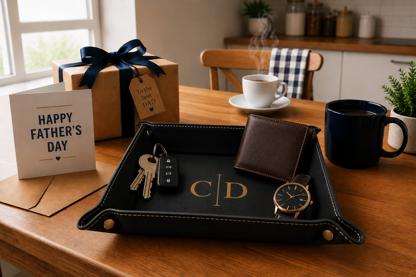 Father's Day Leatherette Snap-Up Valet Tray - 6” x 6” Catch-All Organizer
