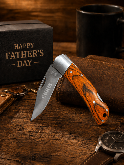 Father's Day Bison River 4" Wood Folding Knife & Leather Sheath Gift