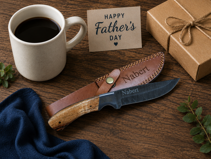 Handcrafted 9.5” Bison River Knife - Damascus Blade & Leather Sheath - Father's Day Gift