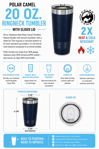Polar Camel 20 oz. Ringneck Tumbler with Slider Lid product description on a blue background