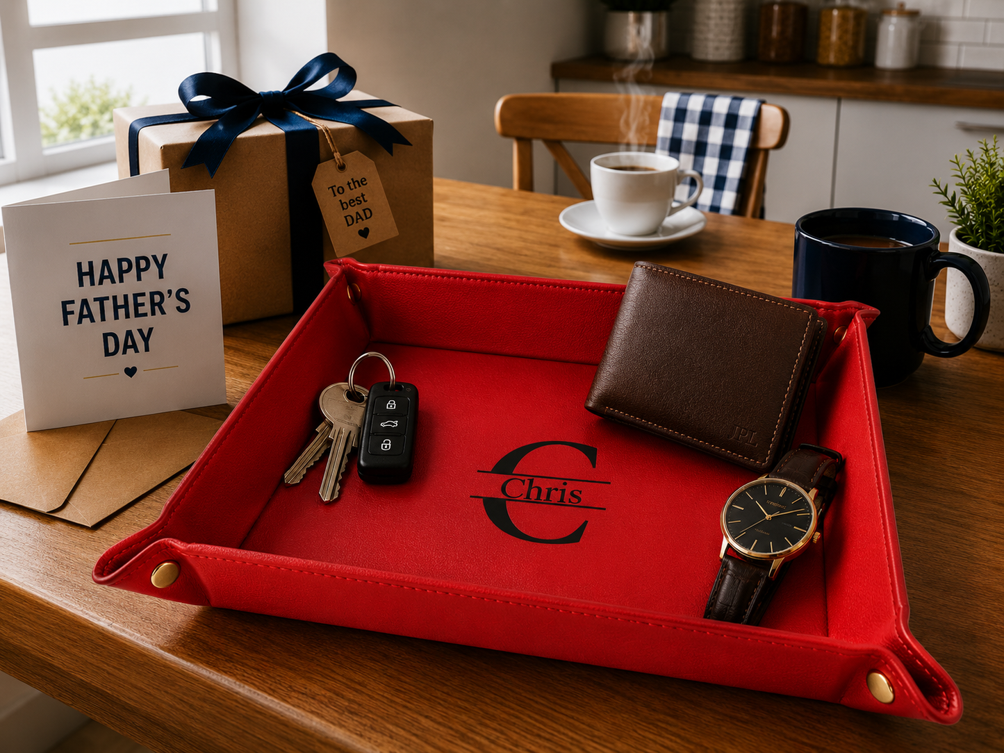Personalized Father's Day Leatherette Valet Tray - 9" x 9" Snap-Up Catch-All