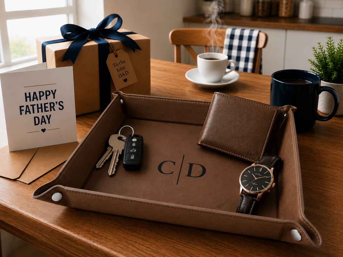 Personalized Father's Day Leatherette Valet Tray - 9" x 9" Snap-Up Catch-All