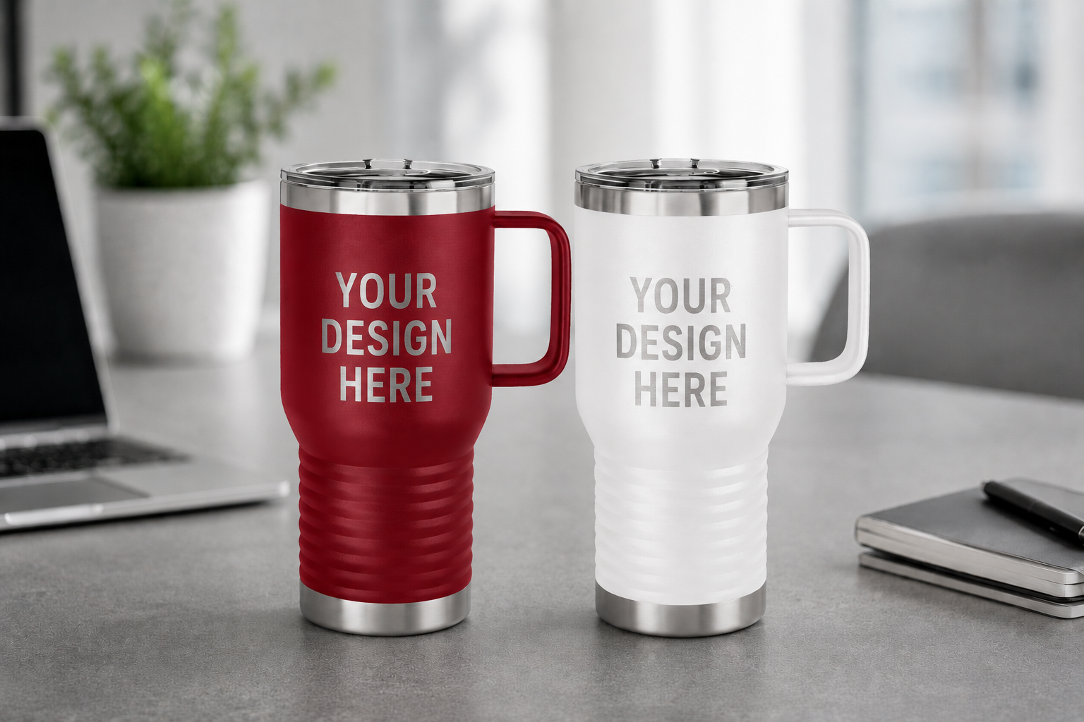 Two travel mugs, one red and one white, on a desk with 'Your Design Here' text.