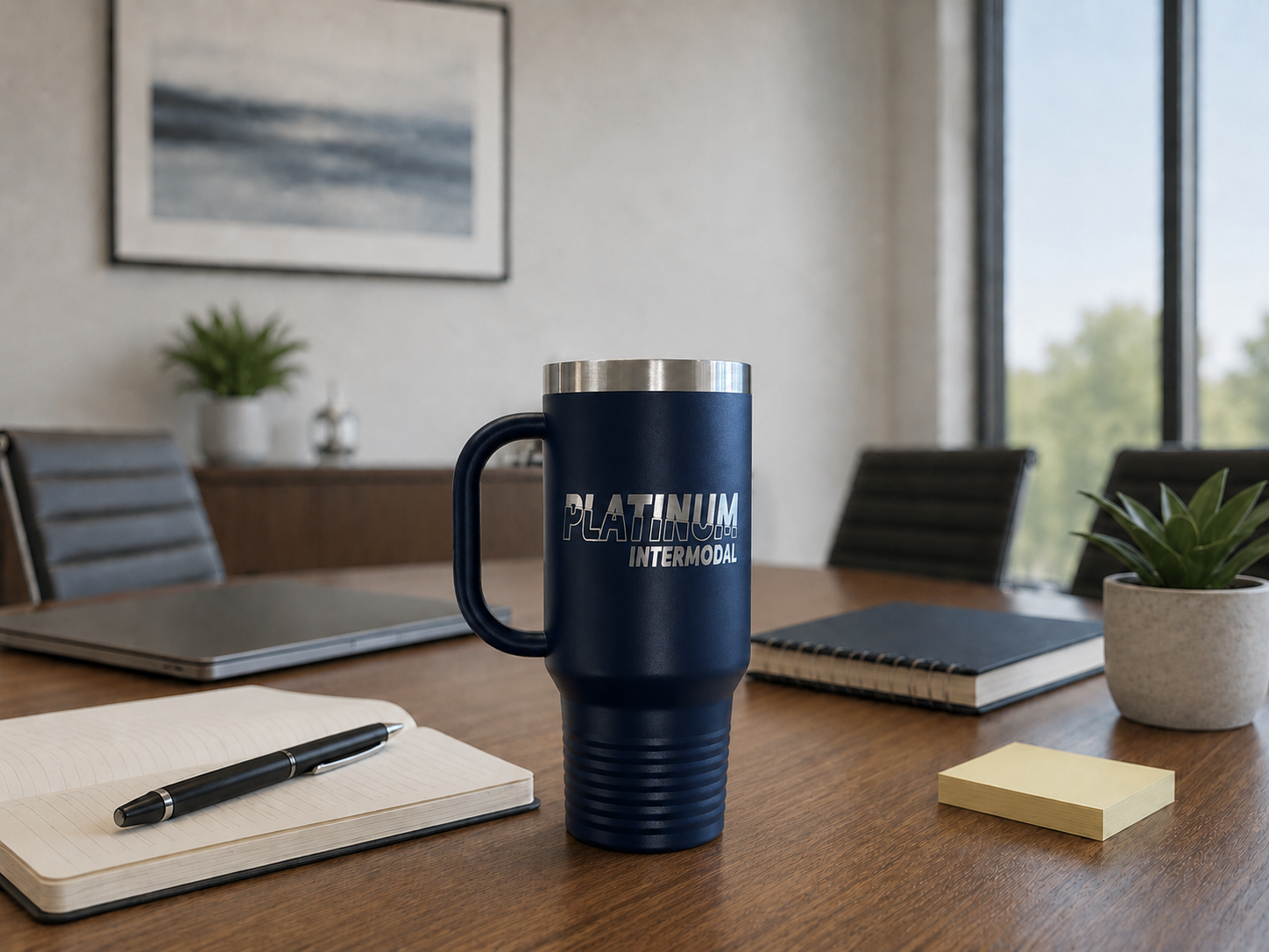 Blue mug with 'Platinum Intermodal' on a desk with office items