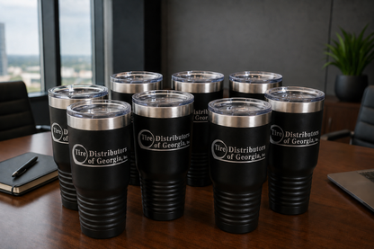 Black tumblers with a logo on a wooden desk in an office setting