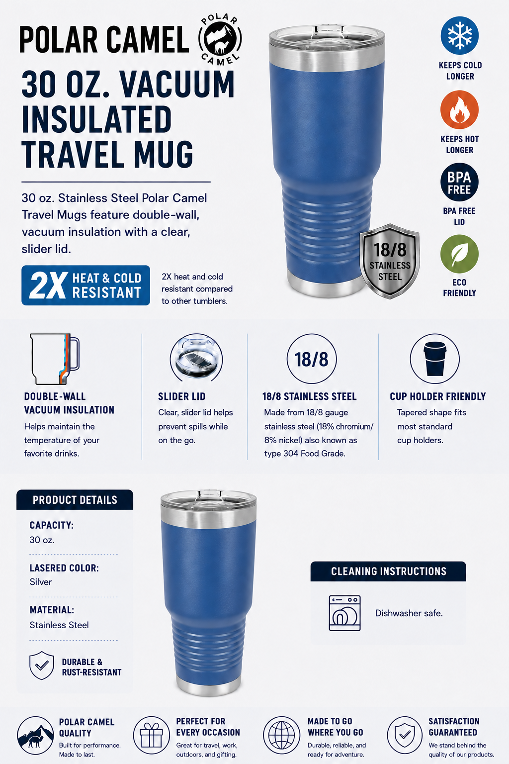 Blue insulated travel mug with product details on a white background