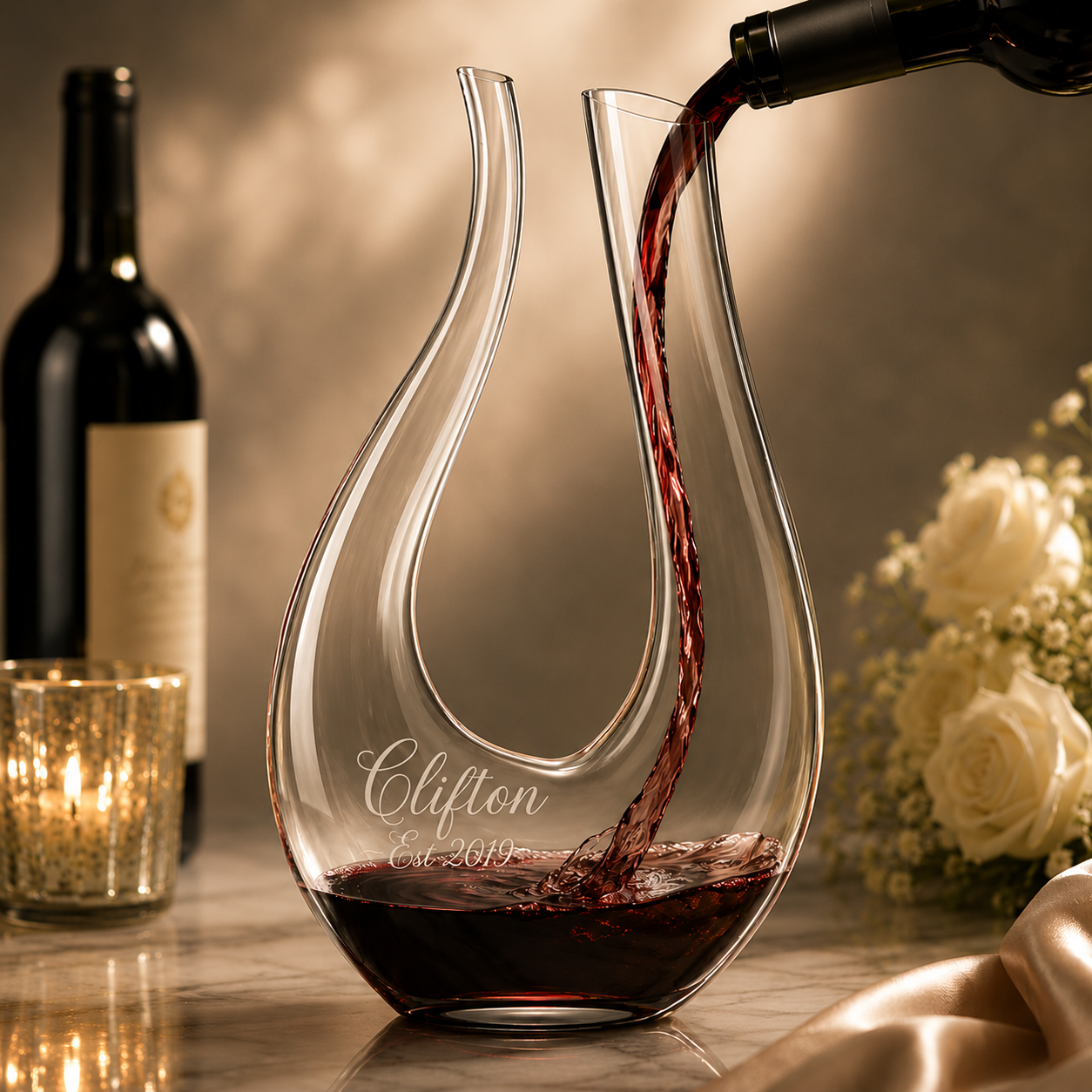 Wine decanter with red wine being poured, bottle and flowers in the background
