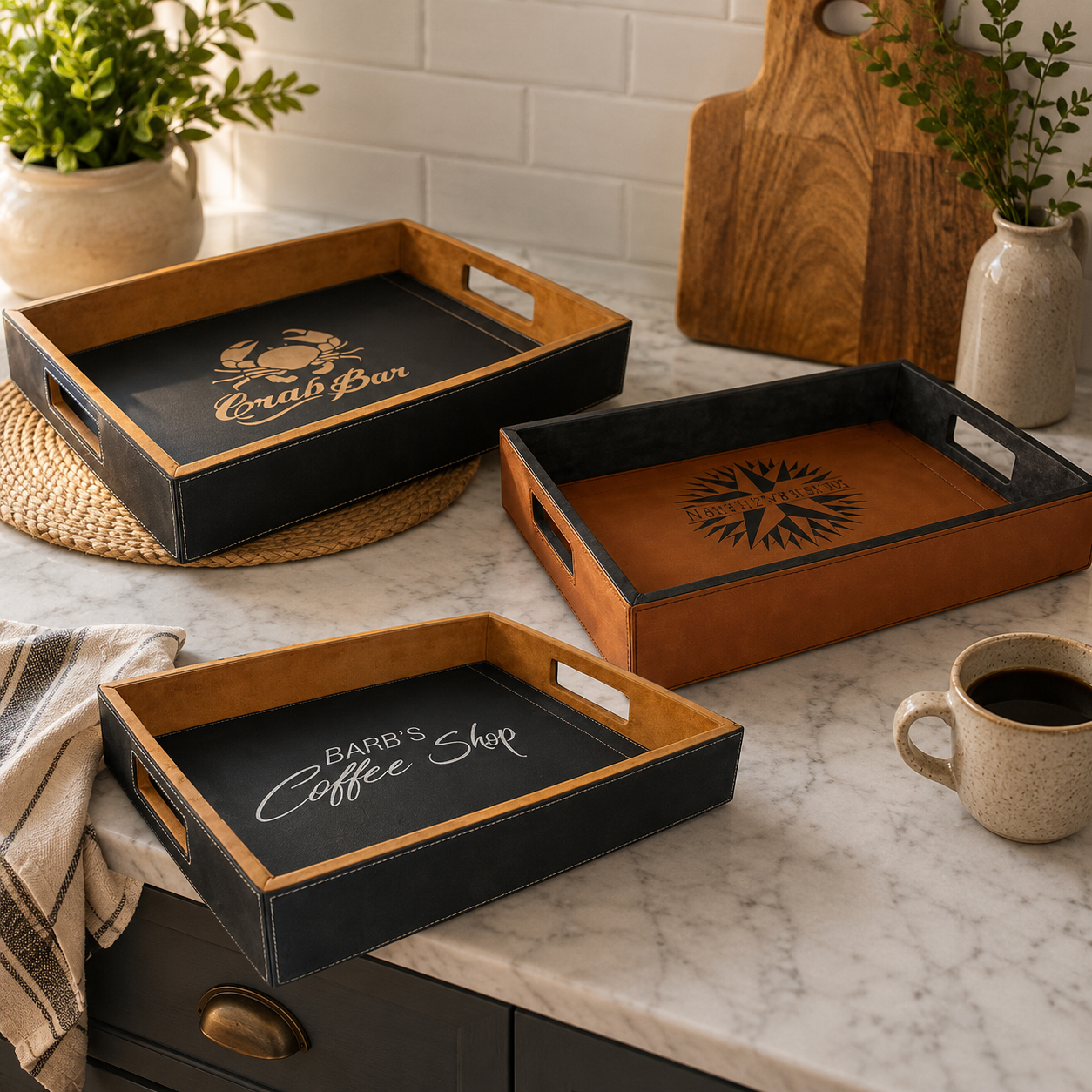 Leatherette Serving Tray with Handles