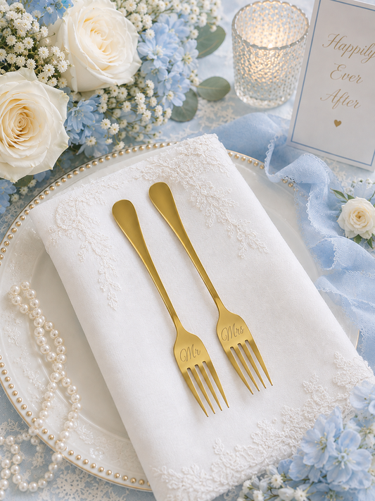 Gold wedding forks on a white napkin with floral decorations and 'Happily Ever After' card.