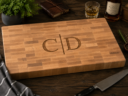Wooden cutting board with engraved initials on a wooden surface with a knife and glass.