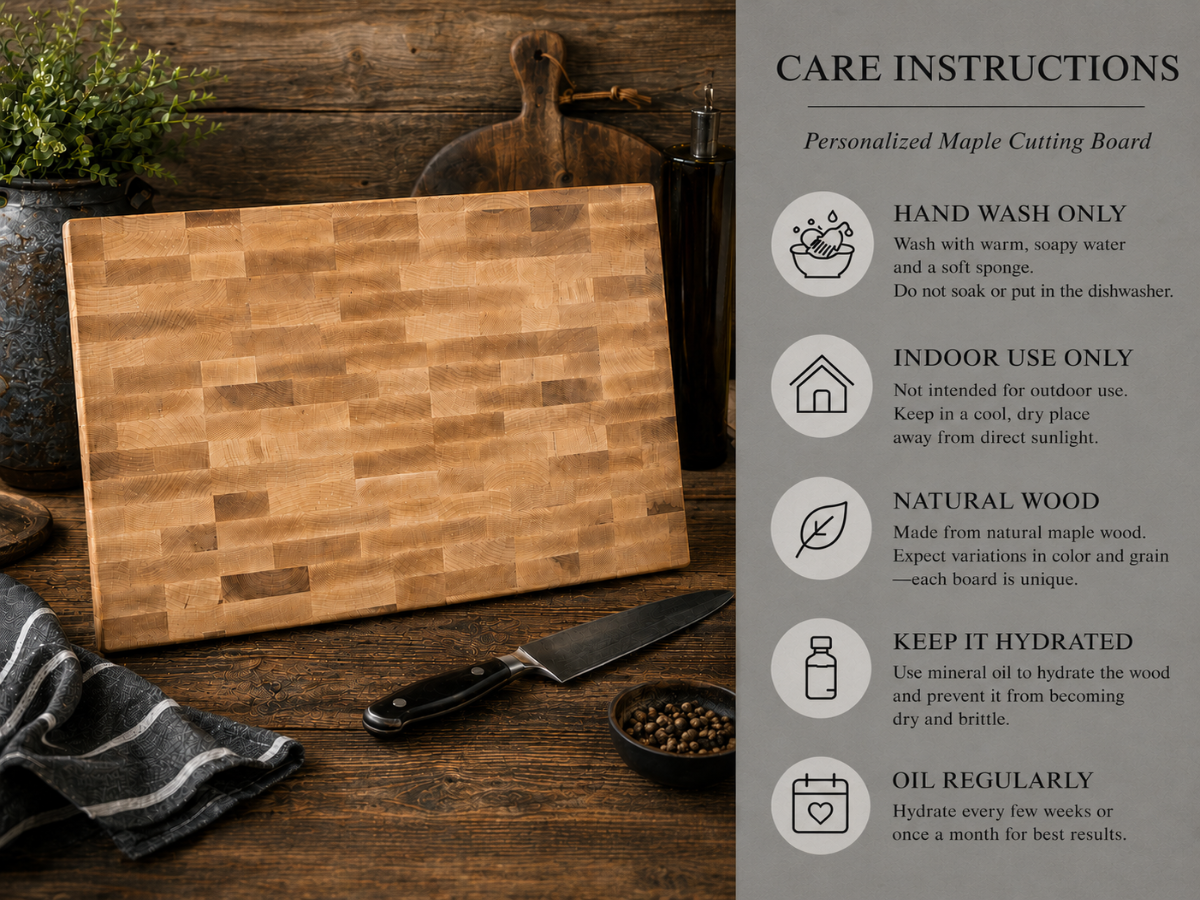Wooden cutting board on a wooden surface with care instructions displayed.