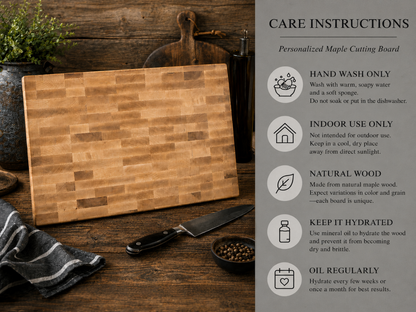 Wooden cutting board on a wooden surface with care instructions displayed.